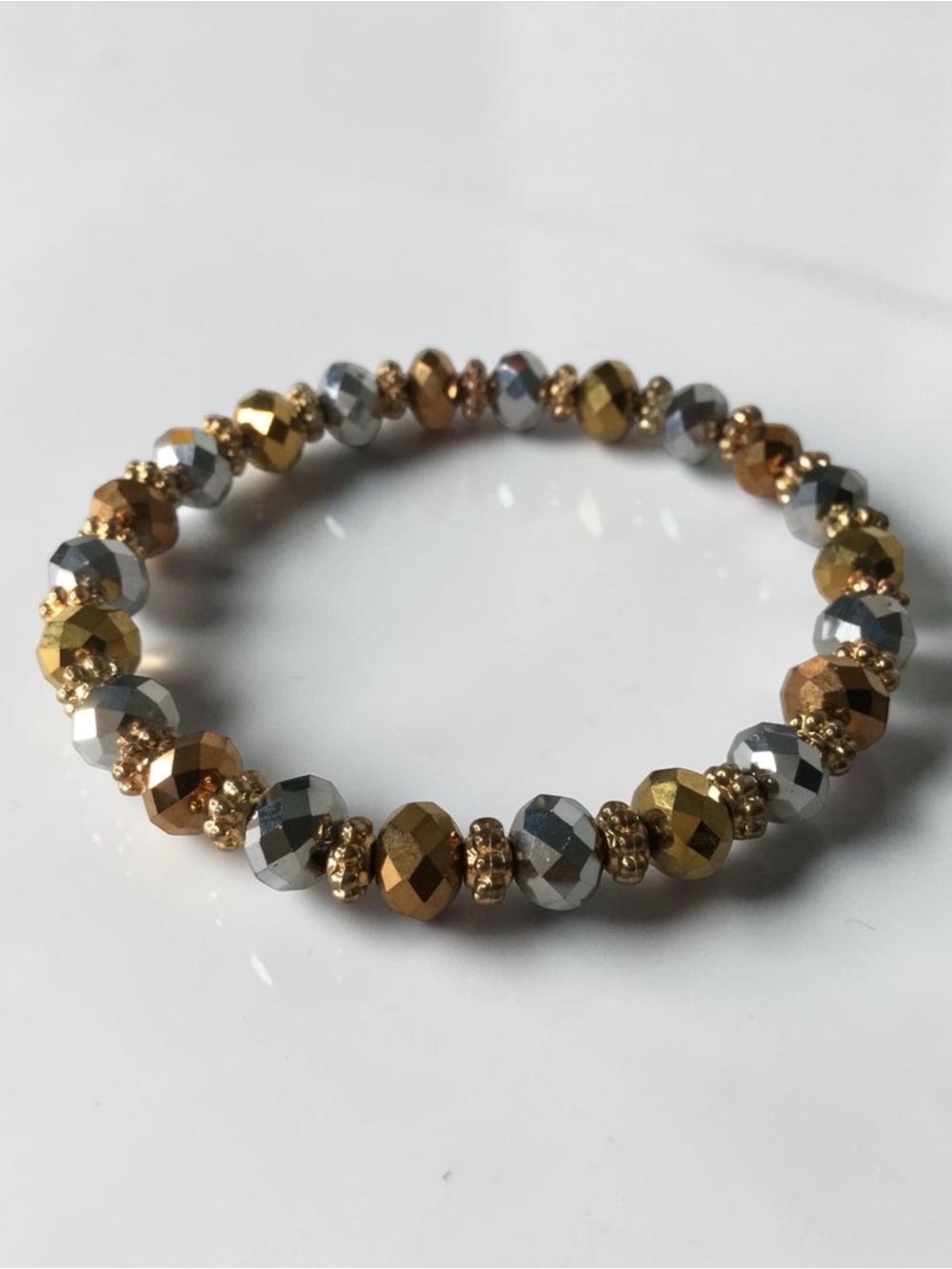 Handmade Faceted Beaded Stretch Bracelet - Metallic Silver, Gold & Copper - Picture 3 of 10